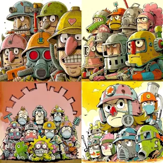 α病毒末日人类幸存者，群像构图，废土改装防护装备，旧物改造生存道具，坚毅明亮眼神，暖色调希望光，远景高辨识度剪影，游戏写实风格，大光圈镜头，侧逆光，温暖坚定氛围。