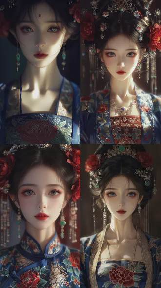 唐代女子肖像，正面特写，对称构图，浅景深，柔光照亮肌肤，蓝绸汉服刺绣精美，红牡丹绿玉饰，古典妆容，电影质感，优雅奢华。