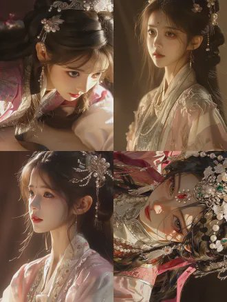 中国古代美人全身正面像，椭圆脸长发半扎戴珠玉，穿粉白汉服，对角线构图，8k，电影光，写实，细节繁复，柔影，暖色调。