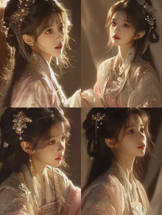 中国古代美人全身正面像，椭圆脸长发半扎戴珠玉，穿粉白汉服，对角线构图，8k，电影光，写实，细节繁复，柔影，暖色调。