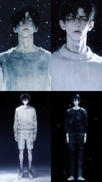 清冷窄长脸型男子正面立绘，雪夜全身镜头，厚涂写实二次元，8k高清，水彩针织服饰，锋利轮廓，微乱黑短发，冷白皮，阴郁偏执，电影冷光，细腻皮肤纹理，极简银饰，哑光柔感。
