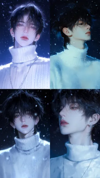 清冷窄长脸型男性正面立绘，雪夜全身镜头，厚涂写实二次元，细腻五官发丝，水彩质感奶白高领毛衣，极简银饰，8k高清，电影冷光，皮肤真实纹理，阴郁偏执，富士xt4，50mm f/1.4，冷色调，蓬松微乱黑发