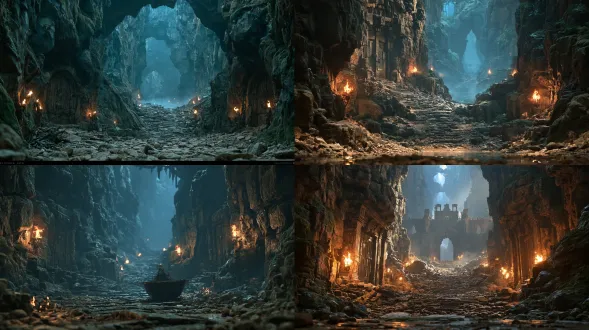 cinematic shot of ancient underground dwarf tomb corridor, rough dark rocky mossy cliff walls, weathered ancient heavy wooden doors embedded in rock, sloped rugged rubble stone path receding into misty deep distance, multiple burning torches mounted on rock sides, warm orange flickering firelight contrasts with cool dim blue ambient cave light, volumetric fog, scattered rubble on ground, dark fantasy medieval aesthetic, hyperrealistic, ultra detailed, shot on arri alexa, shallow depth of field, atmospheric haze, cinematic grading, 8k