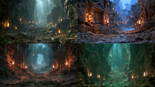 cinematic shot of ancient underground dwarf tomb corridor, rough dark rocky mossy cliff walls, weathered ancient heavy wooden doors embedded in rock, sloped rugged rubble stone path receding into misty deep distance, multiple burning torches mounted on rock sides, warm orange flickering firelight contrasts with cool dim blue ambient cave light, volumetric fog, scattered rubble on ground, dark fantasy medieval aesthetic, hyperrealistic, ultra detailed, shot on arri alexa, shallow depth of field, atmospheric haze, cinematic grading, 8k