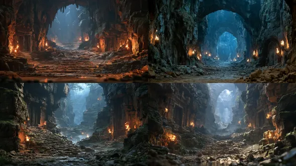 cinematic shot of ancient underground dwarf tomb corridor, rough dark rocky mossy cliff walls, weathered ancient heavy wooden doors embedded in rock, sloped rugged rubble stone path receding into misty deep distance, multiple burning torches mounted on rock sides, warm orange flickering firelight contrasts with cool dim blue ambient cave light, volumetric fog, scattered rubble on ground, dark fantasy medieval aesthetic, hyperrealistic, ultra detailed, shot on arri alexa, shallow depth of field, atmospheric haze, cinematic grading, 8k