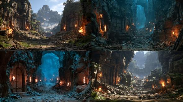 cinematic shot of ancient underground dwarf tomb corridor, rough dark rocky mossy cliff walls, weathered ancient heavy wooden doors embedded in rock, sloped rugged rubble stone path receding into misty deep distance, multiple burning torches mounted on rock sides, warm orange flickering firelight contrasts with cool dim blue ambient cave light, volumetric fog, scattered rubble on ground, dark fantasy medieval aesthetic, hyperrealistic, ultra detailed, shot on arri alexa, shallow depth of field, atmospheric haze, cinematic grading, 8k