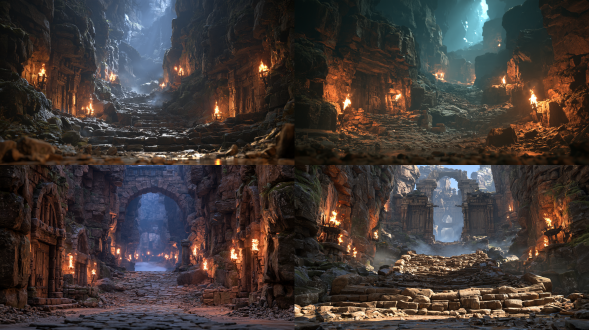 cinematic shot of ancient underground dwarf tomb corridor, rough dark rocky mossy cliff walls, weathered ancient heavy wooden doors embedded in rock, sloped rugged rubble stone path receding into misty deep distance, multiple burning torches mounted on rock sides, warm orange flickering firelight contrasts with cool dim blue ambient cave light, volumetric fog, scattered rubble on ground, dark fantasy medieval aesthetic, hyperrealistic, ultra detailed, shot on arri alexa, shallow depth of field, atmospheric haze, cinematic grading, 8k