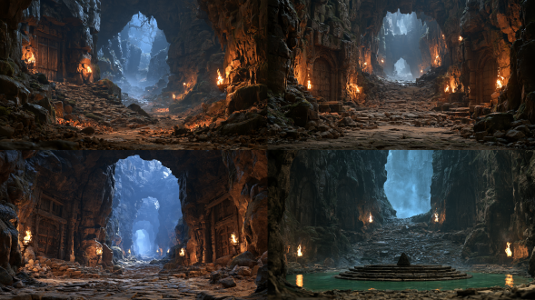 cinematic shot of ancient underground dwarf tomb corridor, rough dark rocky mossy cliff walls, weathered ancient heavy wooden doors embedded in rock, sloped rugged rubble stone path receding into misty deep distance, multiple burning torches mounted on rock sides, warm orange flickering firelight contrasts with cool dim blue ambient cave light, volumetric fog, scattered rubble on ground, dark fantasy medieval aesthetic, hyperrealistic, ultra detailed, shot on arri alexa, shallow depth of field, atmospheric haze, cinematic grading, 8k