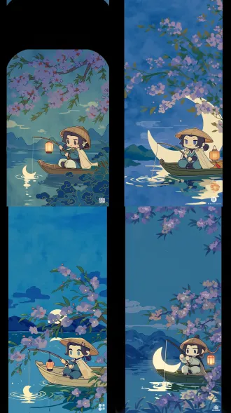 2d flat cartoon poster illustration, cute chibi little fisher child wearing a bamboo hat and short straw rain cape, sitting cross-legged on a small wooden boat, holding a fishing rod, the fishing line lifts a glowing crescent moon out of the river surface, moon reflection and ripples on water, a small paper lantern hanging on the boat, distant ink-wash mountains and thin clouds, deep indigo night sky, moon-white and warm yellow lantern glow with a touch of vermilion, ancient chinese guofeng, soft ink-wash texture, rice paper grain, decorative chinese cloud motifs, large negative space at top for title, single character only, minimal, adorable, flat colors with delicate outlines, poster design