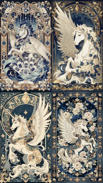 卧姿威严带翼白独角兽，居中构图，深蓝星空下，柔光，定焦镜头，神圣梦幻，巴洛克鎏金塔罗牌，珍珠白金纹鬃毛嵌星，月相星尘，穆夏新艺术风格，藏蓝象牙白鎏金配色，无人物，细腻纹理，氛围感拉满。