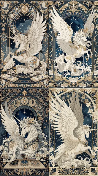 卧姿威严带翼白独角兽，居中构图，深蓝星空下，柔光，定焦镜头，神圣梦幻，巴洛克鎏金塔罗牌，珍珠白金纹鬃毛嵌星，月相星尘，穆夏新艺术风格，藏蓝象牙白鎏金配色，无人物。