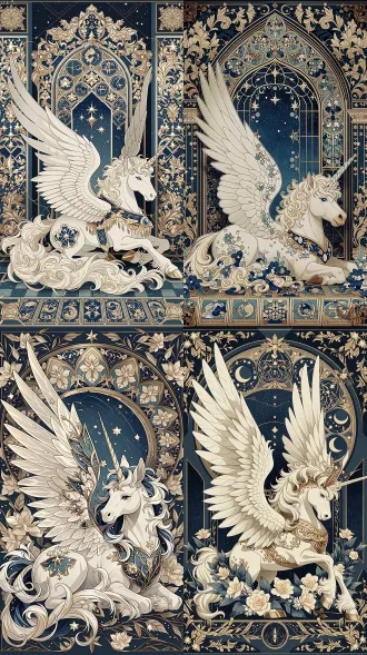 卧姿威严带翼白独角兽，居中构图，深蓝星空下，柔光，定焦镜头，神圣梦幻，巴洛克鎏金塔罗牌，珍珠白金纹鬃毛嵌星，月相星尘，穆夏新艺术风格，藏蓝象牙白鎏金配色。