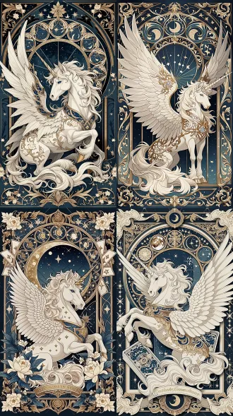 卧姿威严带翼白独角兽，居中构图，深蓝星空下，柔光，定焦镜头，神圣梦幻，巴洛克鎏金塔罗牌，珍珠白金纹鬃毛嵌星，月相星尘，穆夏新艺术风格，藏蓝象牙白鎏金配色