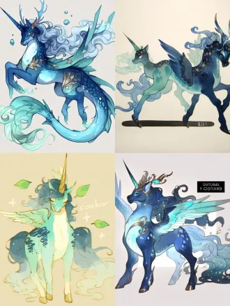 梦幻独角兽小马与奇幻麒麟神兽悬浮空中，全身居中构图，纯色暖米白背景，柔漫射光，中焦镜头，平涂水粉手绘，国风游戏立绘，靛蓝星点鬃毛蓝绿渐变皮毛珍珠白条纹角，金色星尘环绕，低饱和淡蓝米白烟灰金，哑光纹理，仙气灵动温柔治愈，天体奇幻风格