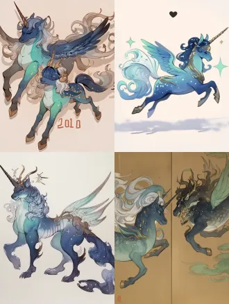 梦幻独角兽小马与奇幻麒麟神兽悬浮空中，全身居中构图，纯色暖米白背景，柔漫射光，中焦镜头，平涂水粉手绘，国风游戏立绘，靛蓝星点鬃毛蓝绿渐变皮毛珍珠白条纹角，金色星尘环绕，低饱和淡蓝米白烟灰金，哑光纹理，仙气灵动温柔治愈，天体奇幻风格