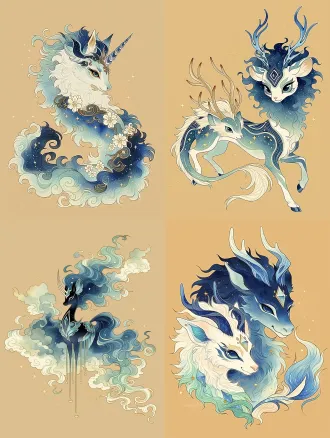 梦幻独角兽小马与奇幻麒麟神兽悬浮空中，全身居中构图，纯色暖米白背景，柔漫射光，中焦镜头，平涂水粉手绘，国风游戏立绘，靛蓝星点鬃毛蓝绿渐变皮毛珍珠白条纹角，金色星尘环绕，低饱和淡蓝米白烟灰金，哑光纹理，仙气灵动温柔治愈，天体奇幻风格