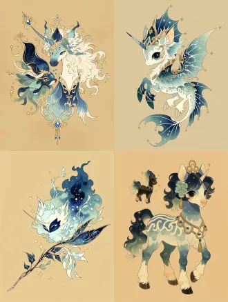 梦幻独角兽小马与奇幻麒麟神兽悬浮空中，全身居中构图，纯色暖米白背景，柔漫射光，中焦镜头，平涂水粉手绘，国风游戏立绘，靛蓝星点鬃毛蓝绿渐变皮毛珍珠白条纹角，金色星尘环绕，低饱和淡蓝米白烟灰金，哑光纹理，仙气灵动温柔治愈，天体奇幻风格