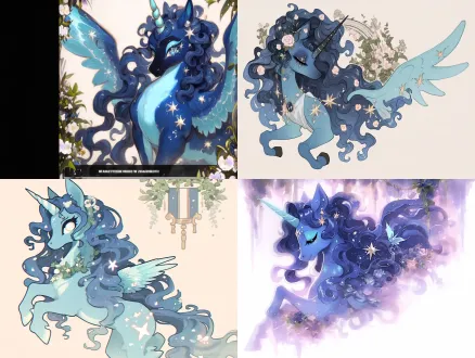 梦幻独角兽小马与奇幻麒麟神兽悬浮空中，全身居中构图，纯色暖米白背景，柔漫射光，中焦镜头，平涂水粉手绘，国风游戏立绘，靛蓝星点鬃毛蓝绿渐变皮毛珍珠白条纹角，金色星尘环绕，低饱和淡蓝米白烟灰金，哑光纹理，仙气灵动温柔治愈，天体奇幻风格