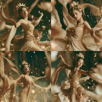 designed cinematic lighting, medium shot, waist-up, horizontal composition, 16:9 landscape cinematic framing, environmental context visible, subject slightly off-center, chinese dunhuang beauty, classical chinese aesthetics, hyper-realistic artistic photography, surreal xianxia cultivation aesthetic, ethereal immortal aura, dunhuang apsara, flowing silk ribbons, elaborate gold ornaments, lotus crown, tang dynasty makeup, huadian forehead mark, translucent jade skin, glowing spiritual energy, levitating, swirling mist, golden particles, ancient celestial palace ruins, dunhuang mural texture, mineral pigment colors, chiaroscuro, rim light, volumetric god rays, geometric shadow patterns, lattice gobo shadows, light beams cutting through darkness, warm gold rim light against deep teal shadows, out-of-focus foreground occlusion at frame edges, blurred translucent silk ribbon framing left and right, out-of-focus lotus petals and incense smoke in foreground, foreground bokeh, foreground elements not covering face or torso, midground subject in sharp focus, ultra-detailed photorealistic skin texture, background artistic defocus, painterly bokeh, dunhuang mural inspired abstract background, gold leaf flakes, faint mandala, atmospheric perspective, layered depth, foreground-midground-background separation, rule of thirds, negative space, editorial fashion photography, 8k, shot on hasselblad, 50mm f/1.4, shallow depth of field