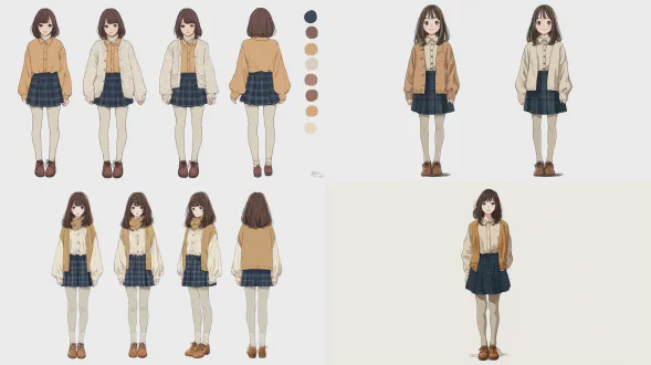 溫柔学院风日系治愈系轻漫画插画风，纯白背景，全身照、正脸，年轻女孩，清爽干淨的细黑描边线稿。造型简化偏写实(头略大，五官简化，圆润柔和);长直深棕发带柔软刘海，肤色自然;穿搭:米白色灯芯绒衬衫(外搭浅驼色针织小马甲)，藏青格纹百褶短裙，米白色堆堆袜，棕色乐福鞋，姿态微内扣站姿，双手自然垂放，表情安靜轻松，低饱和暖色配色，平涂大色块为主，阴影极轻，哑光质感，线条干凈克制，无复杂光影与笔触，高分辨率插画，画面极简