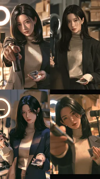 写实都市情感短剧《染回来的信任》女主角角色设定图，单人半身像。人物：沈妍，28 岁左右的前模特、现带货女主播，身材高挑纤细，黑色长直发有光泽，妆容精致但眼底有掩不住的疲惫，神情是镜头前的职业笑容夹着一丝紧绷。穿着：简约修身的米色针织衫配深色小西装外套，耳饰小巧。动作与道具：一手举起一支染发膏软管对着镜头，另一只手背朝上有试色痕迹；手机壳背面隐约压着一张照片。场景：旧小区改的小直播室，背后是补光灯环形灯、手机支架、堆着纸箱快递盒的货架。光影与风格：自然暖调室内光，主光来自补光灯的柔白光，胶片质感，浅景深背景虚化，真实皮肤纹理，生活流纪实感，不美颜不磨皮。