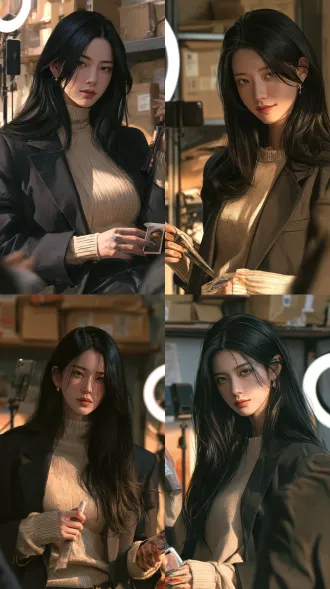 写实都市情感短剧《染回来的信任》女主角角色设定图，单人半身像。人物：沈妍，28 岁左右的前模特、现带货女主播，身材高挑纤细，黑色长直发有光泽，妆容精致但眼底有掩不住的疲惫，神情是镜头前的职业笑容夹着一丝紧绷。穿着：简约修身的米色针织衫配深色小西装外套，耳饰小巧。动作与道具：一手举起一支染发膏软管对着镜头，另一只手背朝上有试色痕迹；手机壳背面隐约压着一张照片。场景：旧小区改的小直播室，背后是补光灯环形灯、手机支架、堆着纸箱快递盒的货架。光影与风格：自然暖调室内光，主光来自补光灯的柔白光，胶片质感，浅景深背景虚化，真实皮肤纹理，生活流纪实感，不美颜不磨皮，真实人物质感。