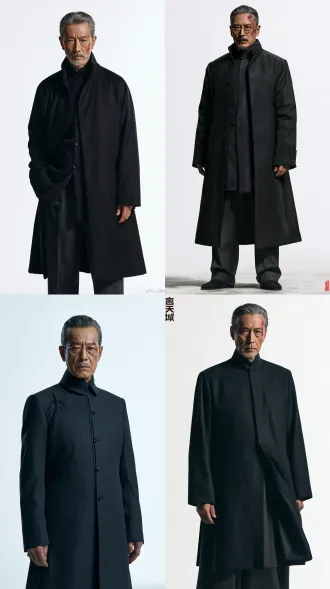 【顾天成】外貌：男性65岁，高大威严体型，方阔脸庞，花白短发向后梳拢，鼻梁两侧有深紫色压痕，太阳穴有勒红印记，服装：深色中式立领外套搭深灰西裤，第四幕换高定丝绒西装，威严好面子，常按揉眉心，习惯叹息，随身携带纯金老花镜 白色纯色背景，展示完整服装细节与体型 【画风：真人写实电影感，高级电影质感，真人电影写实风格。画质：人物低反射质感，面部清晰，皮肤纹理自然，smooth and natural shading, soft diffused lighting。】 约束：无文字、无水印、无背景装饰，仅展示人物，双手自然垂放，手中不持任何物品