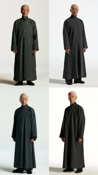 【秦管家】外貌：男性60岁，清瘦微驼，长窄脸，白发齐整短寸，面容忠厚慈祥，服装：深灰色中式管家长衫搭黑色布鞋，补充：【第2、3集】 忠诚温厚，红眼眶容易动情，双手常持托盘或毛巾 白色纯色背景，展示完整服装细节与体型 【画风：真人写实电影感，高级电影质感，真人电影写实风格。画质：人物低反射质感，面部清晰，皮肤纹理自然，smooth and natural shading, soft diffused lighting。】 约束：无文字、无水印、无背景装饰，仅展示人物，双手自然垂放，手中不持任何物品