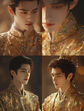 古代中国皇帝肖像，精美刺绣金色丝绸龙袍，镶嵌珍珠玉石，白皙细腻肌肤，电影柔光，超精细8k分辨率，写实特写肖像，英俊温柔表情，优雅举止，微浪漫风格，东方古典美学，皇家奢华气质，杰作品质，浅景深，暖金色调，肖像摄影柔光箱照明，皇家威严，宁静氛围，精细细节。