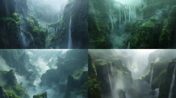 仙侠秘境剑谷外景，狭长幽深山谷，对角线构图，arri alexa 65，丁达尔光束，体积雾，浅青冷调薄雾，残剑青苔，剑气流丝，8k画质，空灵肃杀，次世代国漫cg，柔和漫射光，细腻景深