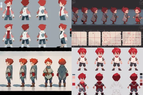 一张手绘 2d 游戏角色设定板，浅灰纯色背景，平面构图，画面分成四个整齐小格，每格之间有清晰留白和细灰分隔线。每格都站着同一个 10 岁左右的红发小男孩角色，保持同一角色身份：暗红色凌乱短发，刘海遮住部分额头，冷静早熟的眼神，脸型偏窄但带儿童圆润感，头大身小，儿童比例正确，肩膀窄，身形瘦小，穿白色旧衬衫、深色工装围裙、皮革工具腰带、旧裤子和小皮靴，带有铁匠学徒气质。 第一格表情冷峻，头发更凌乱，深色围裙，贴近成年原型的沉稳气质； 第二格眼神更明亮，年龄感更童真，服装稍微整洁； 第三格衣服有明显磨损、灰尘和补丁，学徒生活感更强； 第四格双手叉腰，姿态坚定，更有主角感。 四个角色都采用正面四分之三站姿，统一视角，统一比例，统一柔和棚拍光，全身完整清晰。手绘 2d 游戏角色概念设计，日系幻想 rpg 角色立绘风格，细腻线稿，柔和上色，干净资产展示感，结构清晰，材质明确。 #### 负面提示词 3d 渲染，游戏渲染，虚幻引擎，真实摄影，油腻材质，塑料感，成年人，青少年，成年身体比例，宽肩，肌肉，恐怖，怪物，流浪汉，流浪儿，复杂背景，电影场景，低清晰度，模糊，重影，截图界面，ui 元素，水印，文字。