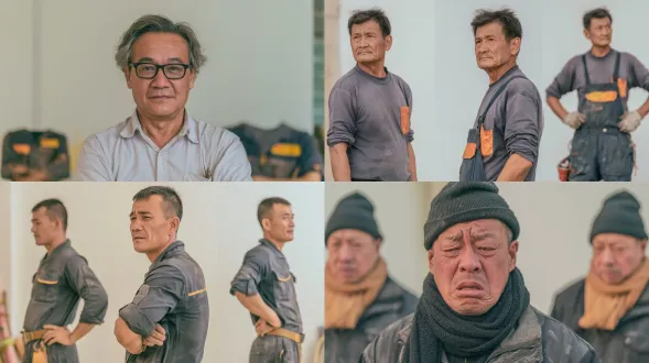 杂务工陈守根三视角同框，纯白背景，近景特写加正反全身，索尼venice摄影机，24mm定焦镜头，f/1.4光圈，电影级侧光，丁达尔光效，哑光肤质，旧工装细节，暖灰调，劳碌愁苦感