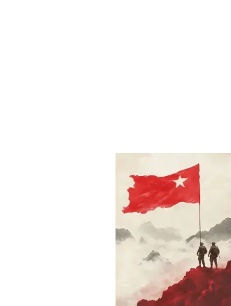 竖版a4纪念海报主视觉，画面比例约1:1.414，中国红色纪念主题数字插画。上半部约30%为温暖米白色旧宣纸留白，干净克制，为后期标题预留空间。下半部是层叠绵延的群山与云海：前景一道陡峭粗粝的赭红色山脊自左下向右上延伸，一队红军战士以背影出现，沿山路向高处行进，队伍由近及远逐渐缩小，形成强烈纵深；队伍最前方一名战士高举一面迎风招展的巨大鲜红旗帜，旗面大幅飘向右侧。战士穿灰绿色红军军装、绑腿、背包，装备简练，只表现背影与远景剪影，不刻画清晰正脸和具体身份。中景有蜿蜒山路和细小行军剪影，远景雪山在云雾中渐渐隐去，左侧远山以淡墨灰蓝表现。画面风格为中国水墨山水画与现代红色宣传画结合，带复古石版画、丝网印刷质感；大块面朱砂红、赭石红、砖红塑造山体，墨黑刻画岩壁与松林，米白宣纸为底，少量灰绿点景，色彩克制。宣纸纤维、细颗粒、半调网点、轻微套色错位、干笔飞白和粗糙印刷边缘。阴天柔散光，红旗充满迎风奋进的力量，整体庄严、坚定、史诗感、向上感。上松下实，红旗与山路形成清晰的右上引导线，主体不遮挡顶部留白，构图简洁，海报级留白充足，高清细腻。画面中不要生成任何文字、字母、数字、印章、签名、logo或水印。写实摄影，3d渲染，游戏cg，塑料质感，油画厚涂，卡通，漫画，霓虹光，赛博朋克，金色渐变，过度hdr，现代军服，具体历史人物面孔，清晰正脸，错误武器，畸形手指，扭曲肢体，文字，乱码，英文，印章，签名，水印，logo，边框，旗帜被裁切，元素拥挤，底部人物被裁掉，过度饱和的橙红色。后期文字 - 主标题：长征永远在路上，朱砂红 #b3261e，遒劲毛笔书法体 - 副标题：纪念红军长征胜利90周年，黑色宋体小字，两侧加细横线 - 引导语：走好新时代长征路，深灰小字，拉开字距 - 标题放在上方米白留白区，避免压到红旗和人物参考图片画风