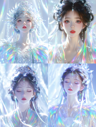 ancient chinese xianxia fairy maiden, 16 years old, ethereal and refined, wearing flowing neon rainbow feathered robes, elegant and cold-tempered, spiritual and delicate features, jade-like skin, luminous aura, bright soft lighting, front view facing camera, close-up portrait, intricate hair ornaments with dangling jade and silver, misty celestial background, cinematic composition, hyper-detailed, 8k, photorealistic, ethereal glow, wuxia fantasy aesthetic, delicate porcelain face, serene cold expression, flowing ribbons, immortal qi