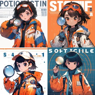 科普悬疑漫画封面，16:9，清晰线条，蓝橙对比，半写实q版，12岁短发女孩小海穿橙色探险马甲持放大镜，圆球形蓝色半透明全息ai助手小陆显示数据，高细节，画面留白，轻松好奇，无恐怖元素。