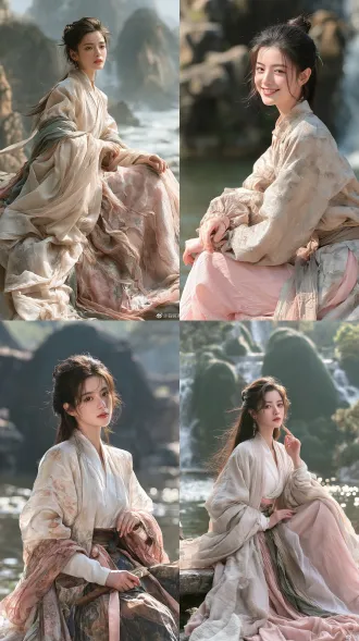 古风21岁绝美中国面孔美女，天真烂漫，歪嘴调皮笑，坐假山流水前，写实风，明亮配色，中景，侧逆光，活泼。