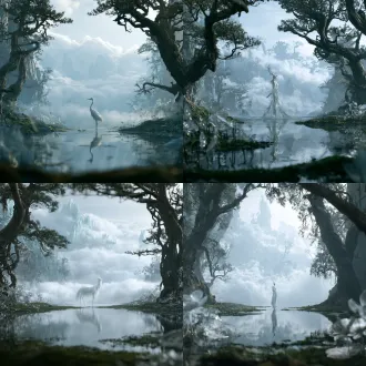 masterpiece, best quality, ultra-detailed, 8k, cinematic shot, rendered in unreal engine 5, oriental xianxia realistic cg style, medium-full shot composition, mythical creature standing on clear and still shallow water surface with faint soft reflection on water, the mythical beast placed at the visual center of the frame with elegant and serene posture. soft overcast diffuse cool ambient lighting, diffused gentle glow, subtle misty tyndall effect, no harsh sharp shadows. the overall color palette is restrained and desaturated, dominated by misty blue, silver grey, pale cyan and pure white, presenting a quiet, ethereal, holy and distant atmosphere. the scene is a fairy mountain wonderland wrapped in rolling white mountain mist and cloud vapor. on both sides of the frame stand ancient twisted pine trees, gnarled rough tree trunks, dense dark green pine needles full of ancient charm. around the waterside grow translucent fairy lotus flowers, lotus leaves and fresh green moss. the distant background consists of layered pale cyan mountain peaks, most of the peaks are hidden in surging clouds, distant mountains fade and blur, drawing on the artistic conception of blank space in traditional chinese ink landscape painting. excellent depth of field, foreground plants slightly blurred, the main subject stays sharp and clear, distant mountains and clouds gradually fade out, creating a strong sense of spatial depth. distinct and delicate material layering, with multiple contrasting textures: semi-translucent jade and curd-like texture, fluffy flowing cloud mist, rough aged bark, moist thin plant leaves, mirror-like still water surface, every texture is physically accurate and distinguishable. movie-level camera language, soft subtle lens flare, grand and tranquil environmental atmosphere, oriental fantasy xianxia aesthetic, ancient fairyland style. balanced and stretched composition, clean and restrained picture, no redundant clutter elements. rich and abundant fine details, subtle texture lines, delicate vein details on plants, layered flowing structure inside clouds are fully presented. no cartoon style, no hand-painted watercolor texture, no meticulous gongbi painting, no oil painting texture, no ancient scroll, calligraphy and gold foil decoration, no warm yellow retro tone, no dazzling strong spotlight, no bright and gaudy saturated colors. the picture keeps pure and quiet, transcendent and isolated from the mortal world, with the texture of a high-quality xianxia animation trailer, magnificent yet light and misty, full of the solemn and ethereal charm of ancient oriental mythology. smooth soft subsurface scattering on translucent objects, subtle pearlescent faint glow, slow flowing mist, natural soft edge transition of clouds, the whole scene has a quiet and sacred sense of ritual, the air is filled with thin hazy fog, light wraps everything gently, the light is uniform and diffused, avoiding contrast that is too intense, maintaining the hazy and drea