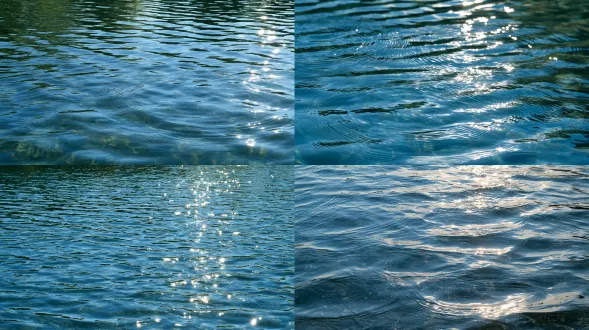 这是一片水面 澄澈平静的镜面浅潭水面，水体通透清澈，水面整体涟漪微弱，光滑如镜；光线落在水面泛起柔和耀眼的高光，水光粼粼；水体通透富有质感 负面提示词 汹涌大浪，剧烈波纹，浑浊污水，水面杂物碎屑，大面积水花飞溅