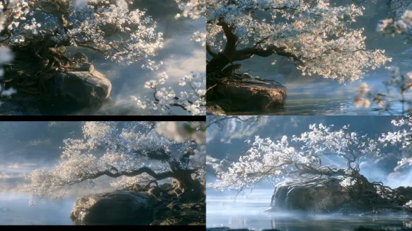 real photograph, actual scene, ancient chinese fantasy fairyland, slightly top-down view, a clear water pool, a large weathered rock at the pool's edge, beside the rock grows a pear tree with gnarled twisting roots coiling around the stone and ground, the tree has pink-blue leaves and blooming white pear blossoms, ethereal and tranquil atmosphere, soft natural daylight, subtle mist, hyper-detailed textures of water, stone, bark, pink-blue leaves, and white petals, 8k resolution, ultra-high fidelity