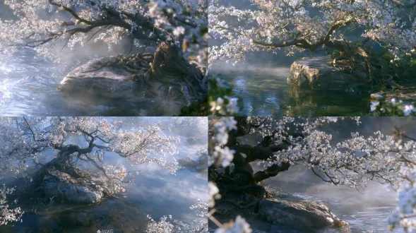 real photograph, actual scene, ancient chinese fantasy fairyland, slightly top-down view, a clear water pool, a large weathered rock at the pool's edge, beside the rock grows a pear tree with gnarled twisting roots coiling around the stone and ground, the tree has pink-blue leaves and blooming white pear blossoms, ethereal and tranquil atmosphere, soft natural daylight, subtle mist, hyper-detailed textures of water, stone, bark, pink-blue leaves, and white petals, 8k resolution, ultra-high fidelity