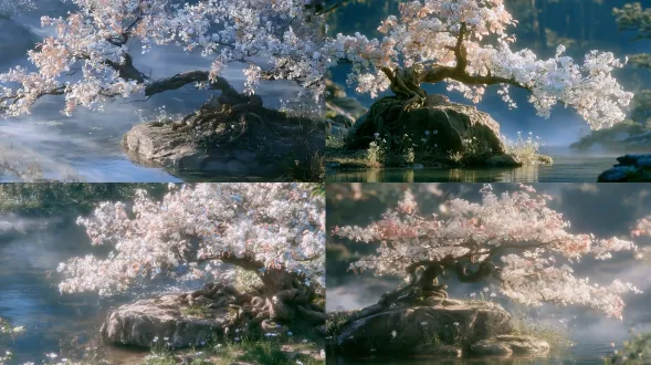 real photograph, actual scene, ancient chinese fantasy fairyland, slightly top-down view, a clear water pool, a large weathered rock at the pool's edge, beside the rock grows a pear tree with gnarled twisting roots coiling around the stone and ground, the tree has pink-blue leaves and blooming white pear blossoms, on the ground around the rock sparse small flowers and grass are growing, including delicate cornflowers, ethereal and tranquil atmosphere, soft natural daylight, subtle mist, hyper-detailed textures of water, stone, bark, pink-blue leaves, white petals, and cornflowers, 8k resolution, ultra-high fidelity