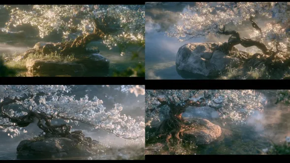 real photograph, actual scene, ancient chinese fantasy fairyland, slightly top-down view, a clear water pool, a large weathered rock at the pool's edge, beside the rock grows a pear tree with gnarled twisting roots coiling around the stone and ground, the tree has pink-blue leaves and blooming white pear blossoms, on the ground around the rock sparse small flowers and grass are growing, including delicate cornflowers, ethereal and tranquil atmosphere, soft natural daylight, subtle mist, hyper-detailed textures of water, stone, bark, pink-blue leaves, white petals, and cornflowers, 8k resolution, ultra-high fidelity