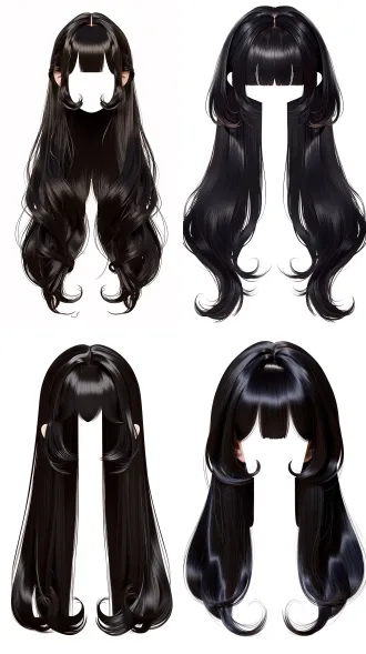 long, glossy jet-black hair with a center part and three clearly defined lengths. two thick, wide sections of hair frame the cheeks in front of the ears, cut bluntly at the corners of the mouth. these cheek-framing sections have smooth, solid edges, with the lower ends curling inward toward the cheeks in rounded c-shaped curves. their short, sculpted shape is clearly separated from the much longer hair behind them. above these sections, shorter parted bangs curve along both sides of the forehead. each side forms a soft s-shaped wave, dipping toward the outer end of the eyebrow and curling gently toward the temple. the bangs frame the sides of the forehead, leaving a wide central gap. a single fine strand falls onto the middle of the forehead in a delicate curved hook. the rest of the hair flows well past the shoulders, with soft, loose waves and gently curled ends. voluminous roots, silky strands, smooth rounded curves, clearly visible cheek-length front sections against the long hair behind them. photorealistic beauty portrait, hairstyle clearly visible.