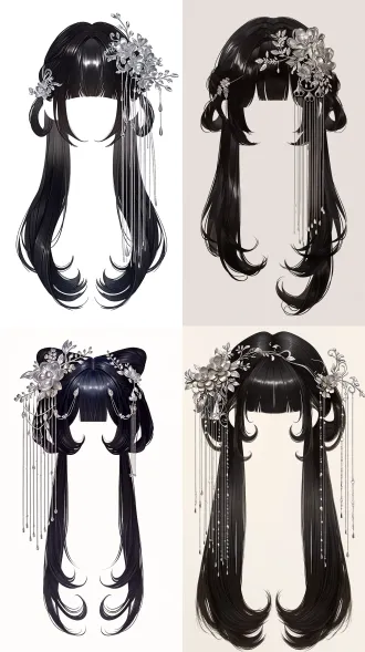 long, glossy jet-black hair with a center part and three clearly defined lengths. two thick, wide sections of hair frame the cheeks in front of the ears, cut bluntly at the corners of the mouth. these cheek-framing sections have smooth, solid edges, with the lower ends curling inward toward the cheeks in rounded c-shaped curves. their short, sculpted shape is clearly separated from the much longer hair behind them. above these sections, shorter parted bangs curve along both sides of the forehead. each side forms a soft s-shaped wave, dipping toward the outer end of the eyebrow and curling gently toward the temple. the bangs frame the sides of the forehead, leaving a wide central gap. a single fine strand falls onto the middle of the forehead in a delicate curved hook. the rest of the hair flows well past the shoulders, with soft, loose waves and gently curled ends. voluminous roots, silky strands, smooth rounded curves, clearly visible cheek-length front sections against the long hair behind them. photorealistic beauty portrait, hairstyle clearly visible. asymmetrical floral hair ornaments inspired by ancient chinese fantasy costume design. a large cluster of sculpted silver blossoms with layered petals, delicate filigree leaves, and slender ornamental branches sits above one ear, balanced by a smaller floral hairpin on the opposite side. a wide, cascading curtain of fine silver-chain tassels hangs from the larger floral ornament, with numerous strands of varying lengths falling past the ear toward the shoulder. tiny silver petals and teardrop pendants finish the chains, swaying gently with movement. intricate silversmithing, softly gleaming metal, elegant and ethereal chinese fantasy styling. the ornaments sit beside and behind the cheek-framing hair sections, keeping the curved bangs and distinctive haircut clearly visible.