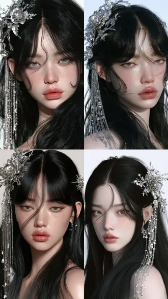long, glossy jet-black hair with a center part and three clearly defined lengths. two thick, wide sections of hair frame the cheeks in front of the ears, cut bluntly at the corners of the mouth. these cheek-framing sections have smooth, solid edges, with the lower ends curling inward toward the cheeks in rounded c-shaped curves. their short, sculpted shape is clearly separated from the much longer hair behind them. above these sections, shorter parted bangs curve along both sides of the forehead. each side forms a soft s-shaped wave, dipping toward the outer end of the eyebrow and curling gently toward the temple. the bangs frame the sides of the forehead, leaving a wide central gap. a single fine strand falls onto the middle of the forehead in a delicate curved hook. the rest of the hair flows well past the shoulders, with soft, loose waves and gently curled ends. voluminous roots, silky strands, smooth rounded curves, clearly visible cheek-length front sections against the long hair behind them. photorealistic beauty portrait, hairstyle clearly visible. asymmetrical floral hair ornaments inspired by ancient chinese fantasy costume design. a large cluster of sculpted silver blossoms with layered petals, delicate filigree leaves, and slender ornamental branches sits above one ear, balanced by a smaller floral hairpin on the opposite side. a wide, cascading curtain of fine silver-chain tassels hangs from the larger floral ornament, with numerous strands of varying lengths falling past the ear toward the shoulder. tiny silver petals and teardrop pendants finish the chains, swaying gently with movement. intricate silversmithing, softly gleaming metal, elegant and ethereal chinese fantasy styling. the ornaments sit beside and behind the cheek-framing hair sections, keeping the curved bangs and distinctive haircut clearly visible.