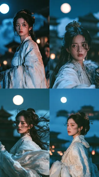 国风电影感胶片写真，月夜仙境氛围，清冷温柔的东方古典美人，精致高贵的发型发饰，圆月、古楼阁、云海作为背景;画面蓝调夜色为主基调，搭配柔和暖面光冷暖光影对冲，氛围感朦胧，复古胶片颗粒质感，人物优雅灵动可爱，仙气，画面叙事感强。