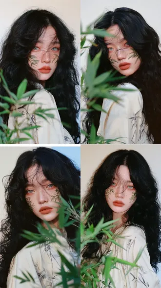 肖像摄影，一位美丽的东亚年轻少女，乌黑的长卷发，发尾为公主切样式，创意妆容，双颊绘有手绘的青竹枝图案，脸上有柔和的浅色雀斑，哑光陶土红唇膏，浅灰绿色眼睛，身穿米白色新中式宽松上衣，印有淡淡的深色竹纹，前景是清新的绿色竹叶，背景为简约的浅米白色，柔和的自然侧光，柯达 gold 200 胶片质感，轻微柔焦，低饱和度柔和复古调色，细腻的皮肤质感，宁静柔和的氛围，中近景镜头。