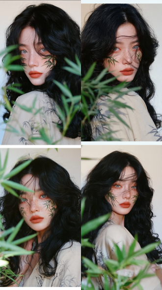 肖像摄影，一位美丽的东亚年轻少女，乌黑的长卷发，发尾为公主切样式，创意妆容，双颊绘有手绘的青竹枝图案，脸上有柔和的浅色雀斑，哑光陶土红唇膏，浅灰绿色眼睛，身穿米白色新中式宽松上衣，印有淡淡的深色竹纹，前景是清新的绿色竹叶，背景为简约的浅米白色，柔和的自然侧光，柯达 gold 200 胶片质感，轻微柔焦，低饱和度柔和复古调色，细腻的皮肤质感，宁静柔和的氛围，中近景镜头。