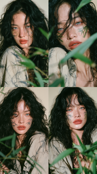 肖像摄影，一位美丽的东亚年轻少女，乌黑的长卷发，发尾为公主切样式，创意妆容，双颊绘有手绘的青竹枝图案，脸上有柔和的浅色雀斑，哑光陶土红唇膏，浅灰绿色眼睛，身穿米白色新中式宽松上衣，印有淡淡的深色竹纹，前景是清新的绿色竹叶，背景为简约的浅米白色，柔和的自然侧光，柯达 gold 200 胶片质感，轻微柔焦，低饱和度柔和复古调色，细腻的皮肤质感，宁静柔和的氛围，中近景镜头。