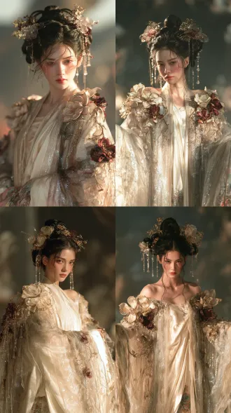 a straight-on, full-length frontal portrait of an ethereal adult fairy maiden in an ancient chinese fantasy setting, standing gracefully and facing directly toward the viewer, her entire figure visible from the top of her elaborate hairstyle to the tips of her shoes, ample space above her head and below her feet, centered composition, a delicate oval face, luminous porcelain skin, expressive almond-shaped eyes, softly flushed cheeks and rose-tinted lips, a serene and graceful expression, long lustrous black hair arranged in an elaborate traditional chinese updo, a refined central bun with symmetrical coiled sections on either side, delicate face-framing tendrils, perfectly balanced classical hair ornaments placed symmetrically on both sides, matching antique-gold filigree hairpins, translucent champagne floral ornaments and deep burgundy blossoms, fine pearl chains and crystal pendants hanging at equal lengths beside her temples, wearing a flowing ivory silk gown beneath a loose, open-front, off-shoulder robe with wide sleeves, the long robe cascading toward the ground, sheer champagne-beige silk organza with smoky taupe undertones, delicate translucent fabric with soft cascading folds, a luminous pearlescent sheen and scattered pinpoints of silver sparkle, a subtly wet, dewy surface, elaborate three-dimensional magnolia-inspired floral appliqués arranged along the shoulders, sleeve edges and front opening, layered sculpted petals with gently curled edges, translucent pale champagne petals with delicate golden rims, interspersed with deep burgundy and oxblood-red blossoms, glossy glass-like petals with translucent edges and richer-colored centers, fine antique-gold vine embroidery connecting the flowers, tiny crystal droplets and delicate hanging bead strands, intricate couture craftsmanship, highly detailed fabric weave and petal surfaces, her arms resting slightly away from her body to reveal both flowing sleeves, delicate embroidered shoes visible beneath the hem, a softly blurred moonlit garden, delicate rim lighting illuminating the translucent petals, a romantic and mysterious atmosphere